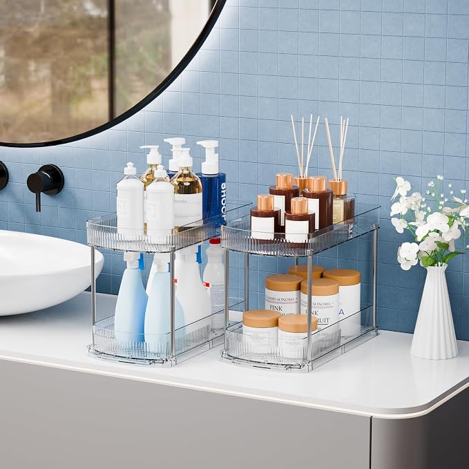 4 Pack Large Pull Out Bathroom Organizers and Storage,2 Tier 12.8″ Tall Sliding Kitchen Under Sink Organizer for Cleaning Products Storage,Acrylic Clear Bathroom inder Sink Organizer,Undersink Storage