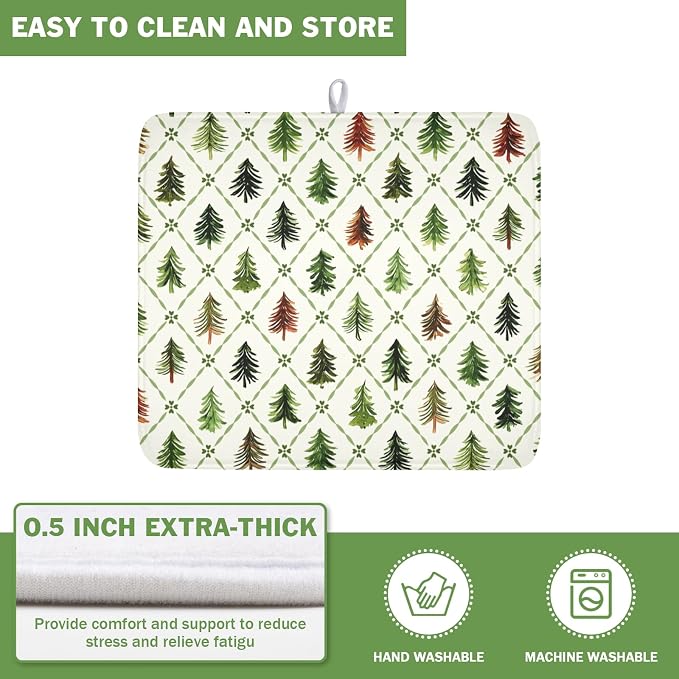 Christmas Dish Drying Mat for Kitchen Counter Xmas Theme Green Trees Dish Drainer Mat Rustic Farmhouse Winter Holiday Absorbent Washable Drying Pad 16"x18"