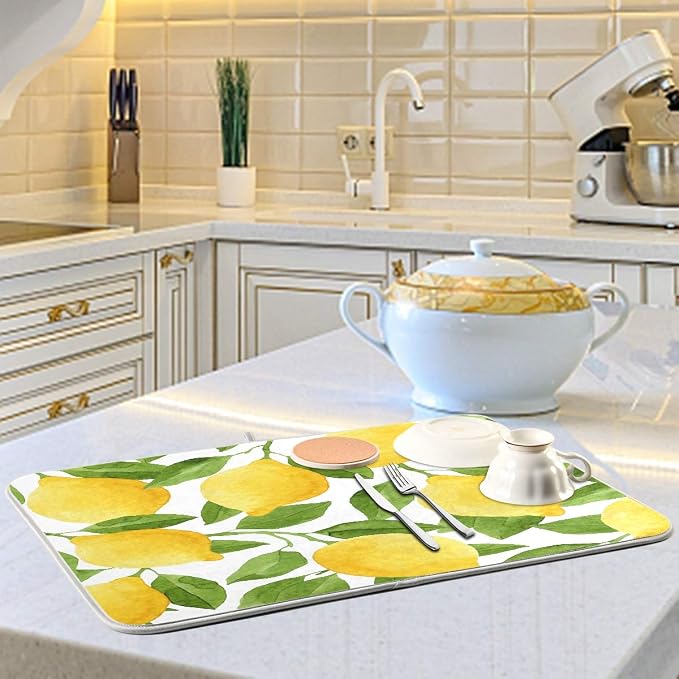 Lemon Yellow Tree Dish Drying Mat for Kitchen, Absorbent Microfiber Drying Pad Dish Mat, 24" X 18"