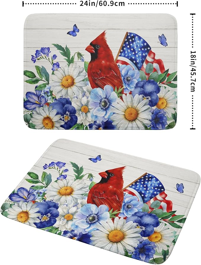 4th of July Dish Drying Mat for Kitchen Counter Cardinal Patriotic Flowers Microfiber Absorbent Dish Draining Reusable Washable Foldable Extra Large 18"x24"