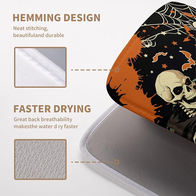Halloween Ghost Skeleton Dish Drying Mat for Kitchen Counter 16x18 Spooky Skull Pumpkin Bat Fall Dish Mat Orange Black Holiday Dishes Drying Pad Absorbent Microfiber Dish Drainer Mats