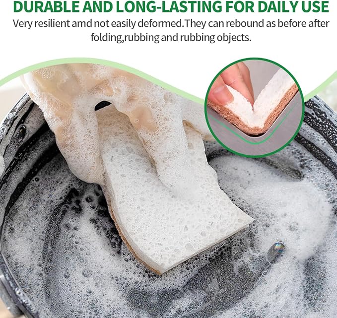 Sponges Kitchen Natural Dish Sponge Plant-Based Biodegradable Compostable Cellulose with Coconut Scrubber Sponge Non Scratch Eco Friendly Kitchen sponges for Kitchen Dishes（Pack of 24）