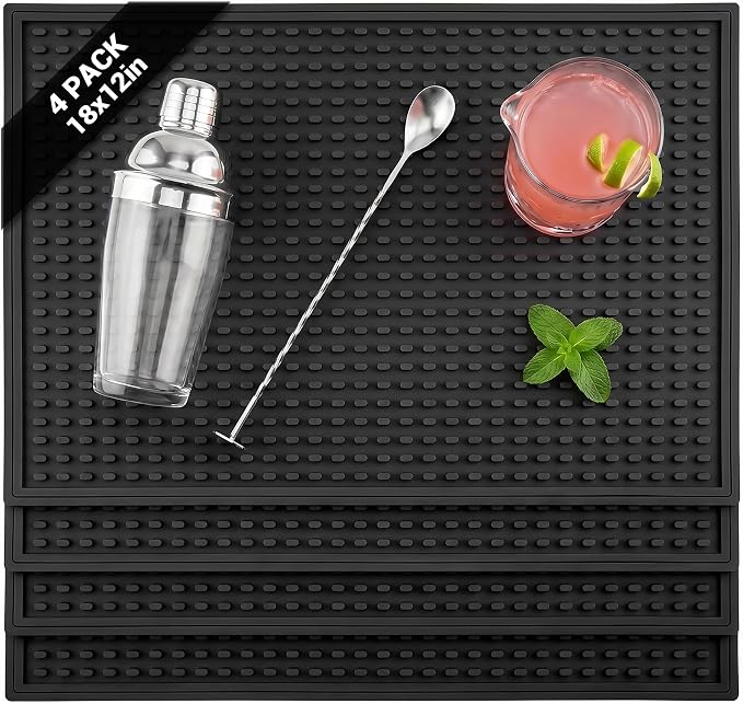Rubber Bar Mat for Counter, Black 4 Pack 12"x18" grip-friendly Coffee Bar Mat, Heat Resistant & Spill-proof Countertop Protector Mat for Kitchen, Home Bar, Coffee Station, Easy Clean Dish Drying Mat
