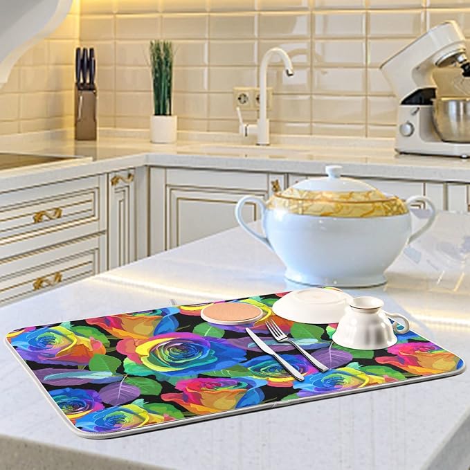 Absorbent Dish Drying Mat for Kitchen Counter - Colorful Rose Vintage Microfiber Drying Pad, Reversible Drainer Mats for Countertop, Small 16 x 18 inch