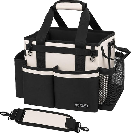 SCAVATA Compact Wearable Cleaning Caddy with Handle & Shoulder Straps | Small Cleaning Supplies Organizer, Under Sink & Car Cleaning Tools Storage Bag for Housekeepers Cleaners, Cream White
