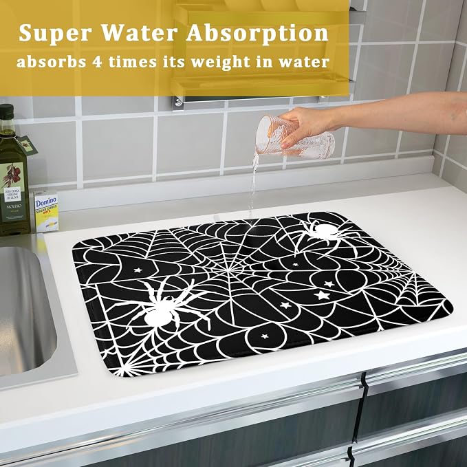 Halloween Dish Drying Mat for Kitchen Counter Spooky Spiders Festival Microfiber Absorbent Dish Draining Reusable Washable Foldable Extra Large 18"x24"