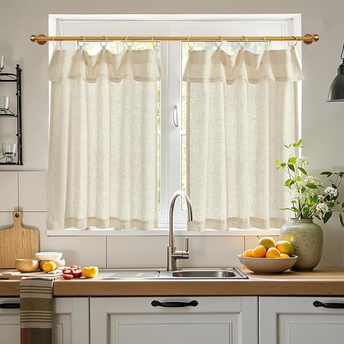 jinchan Linen Tier Kitchen Curtains, 30x36, 2 Panels, Natural | Light filtering, rod pocket, farmhouse, small window decor, cafe style, machine washable, bathroom, laundry room, RV