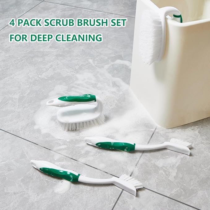 Scrub Brush Set, 4 Pack Deep Cleaning Brush Kit, Green | 2 Scrub Brush, 2 Tile & Grout Brush with Built-in Scraper, Household Commercial Scrubber for Floor, Shower, Pool Wall, Tub