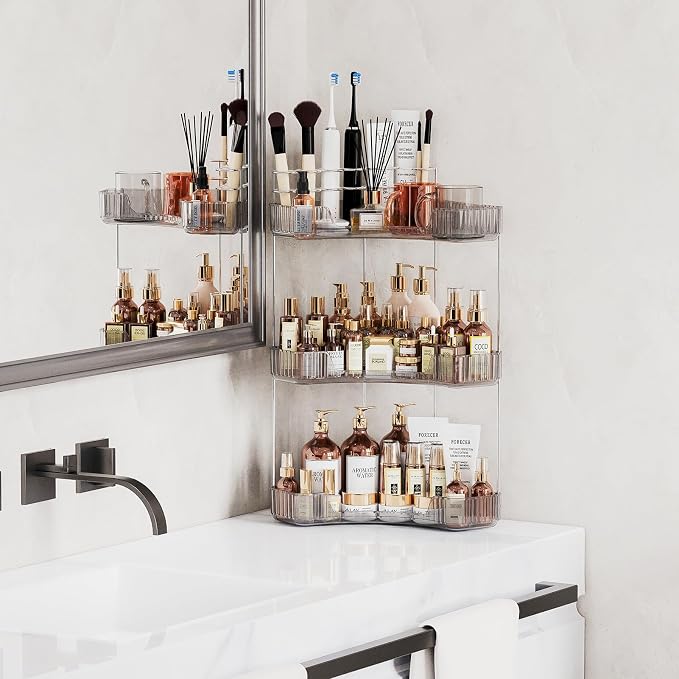 Asayuee 3-Tier Corner Bathroom Counter Organizer with Top Toothbrush Holders,Large Makeup Organizer Countertop with Brush Holder,Skincare Organizers Corner,Exquisite Vanity Organizer (Gray, 3 Tier)