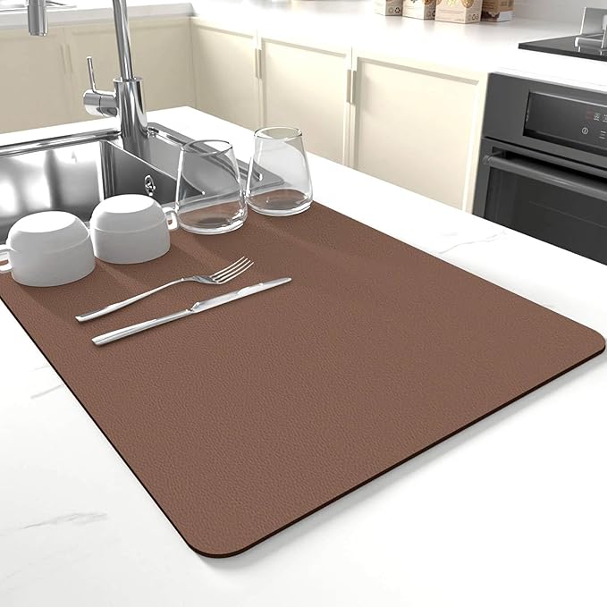 Dish Drying Mat for Kitchen Counter,Drying Mat for Dish Rack,Absorbent Hide Stain Rubber Mat,Coffee Mat, Kitchen Counter Mat (Brown, 18"x24")