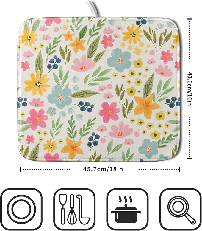 Spring Easter Floral Dish Drying Mat for Kitchen Counter 16x18 Green Pink Yellow Blue Cute Flower Print Absorbent Reversible Microfiber Drying Mats Kitchen Countertop Protector Dishes Drainer Pad