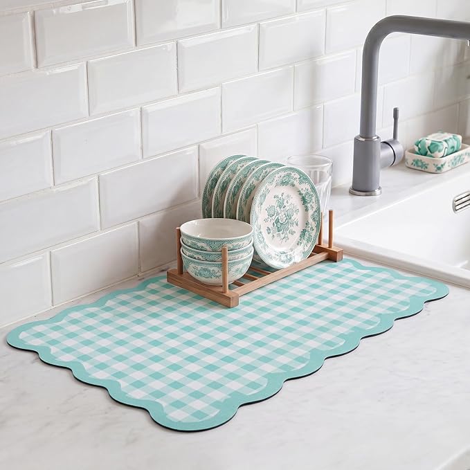 Scalloped Gingham Coffee Mat 12" x 20" Absorbent Coffee Bar Mat Gingham Espresso Matt for Counter(Blue)