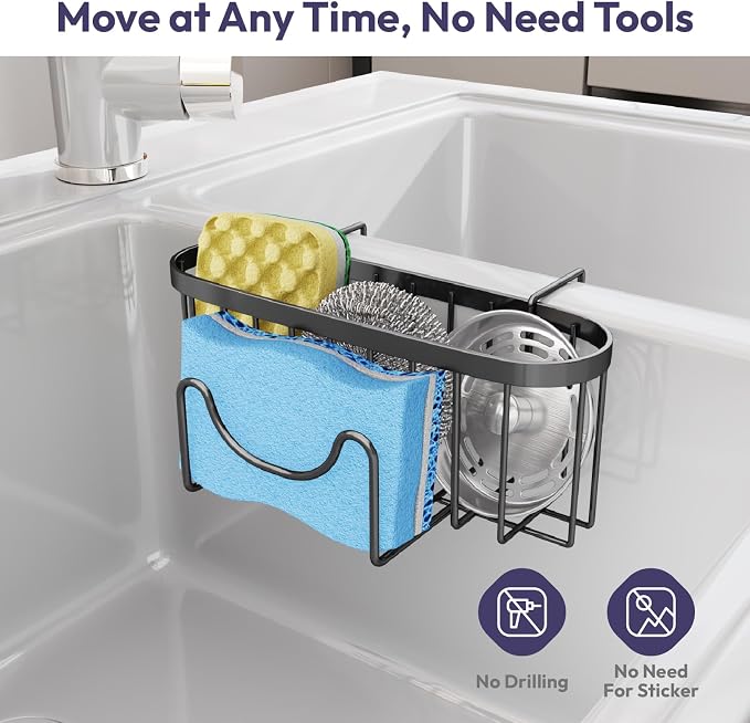 SWTYMIKI Sponge Holder for Kitchen Sink - Movable Kitchen Sink Caddy with M Shape Hook Stainless Steel Hanging Sponges Caddy Organizer in Double Bowl Sinks Depth>3.15in, Middle Divider<1.5in, Black L