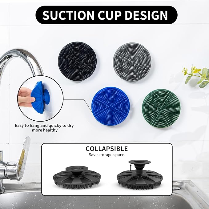 Silicone Dish Scrubber, Non-Scratch Scrub Spong for Washing Dish, Pot, Pan | Kitchen Silicone Sponge, Fruit & Vegetable Cleaning Brush, Reusable Dishwashing Scrubber, Suction Up Hang, 1 Pack, Black