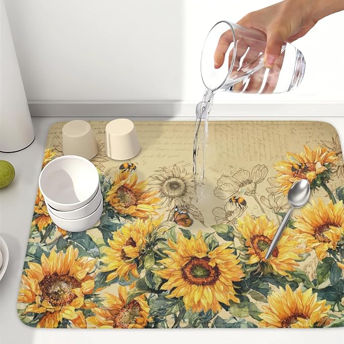 Sunflower Dish Drying Mat for Kitchen Counter Vintage Yellow Sunflowers Microfiber Dish Drainer Mat Spring Summer Watercolor Floral Absorbent Washable Drying Pad Extra Large 18"x24"