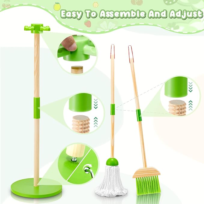 WHOHOLL Wooden Kids Cleaning Set Toddler Broom Set for Housekeeping 8 Pcs Broom and Mop Set for Toddlers 3-6, Cleaning Toys with Dustpan Sponge, Christmas Birthday Gifts for Boys Girls (Green)