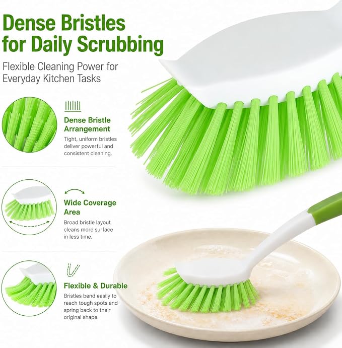 2-Pack Kitchen Green Scrub Brush for Cleaning Dishes Pots Pan Sink and Bathroom with Comfortable Long Handle