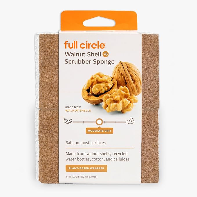 Full Circle Walnut and Cellulose Scrubber Sponges – Pack of 6 – Powerful, Non-Scratch Kitchen Sponges Made with Plant-Based Sustainable Materials, Safe for Nonstick Cookware