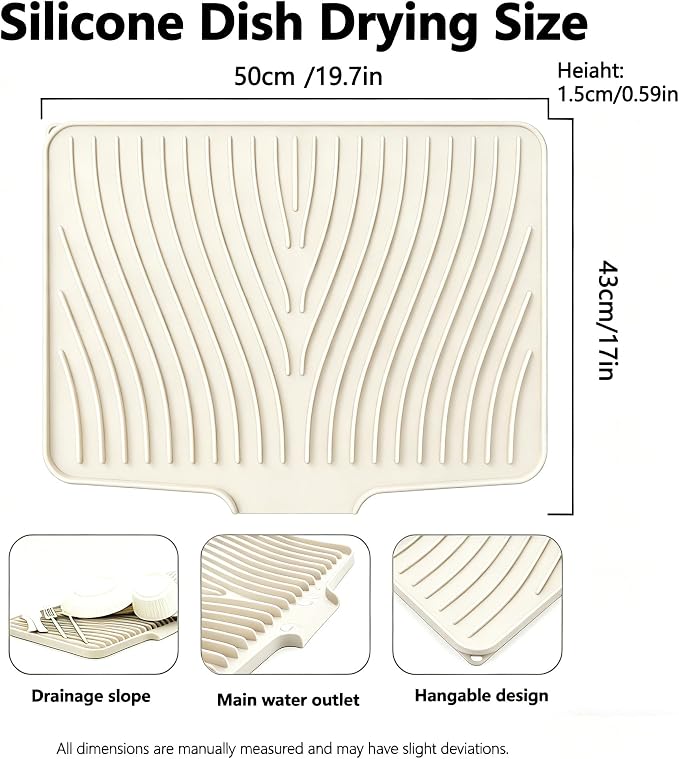 EBIGIC Silicone Dish Drying Mat,19.7"*17"Dish Drying Pad ,Kitchen Accessories,with Built-In and Non-Slip Drain,Easy Clean, Fit for Kitchen, Bar, RV, Refrigerator and Drawer Liner, Off White