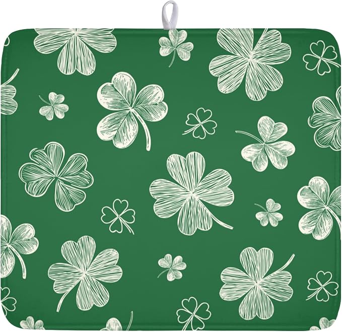 St Patrick's Day Dish Drying Mat 16 x 18 Inch Green Shamrock Dish Drainer Rack Mat Absorbent Microfiber Mats for Spring Lucky Clovers Dish Pad for Kitchen Coffee Bar Decor