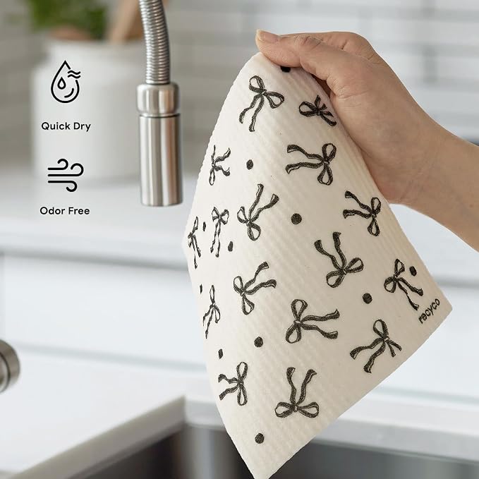 RECYCO Swedish Dishcloths for Kitchen | 6 Packs Modern Bows Washable Dish Rags | Cellulose Reusable Cleaning Paper Towels | Absorbent Counter Dish Cloth Sponge Kitchen Wipes, 8" L x 7" W
