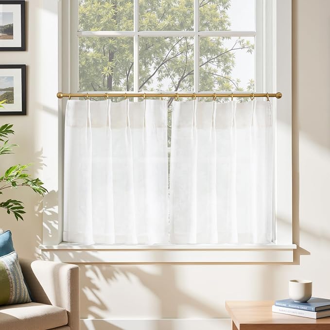 jinchan Linen Pinch Pleated Back Tab Tier Curtains, 26x30, 2 Panels, White | Light filtering,small window treatment,cafe curtains,machine washable,farmhouse,kitchen,bathrooms,laundry