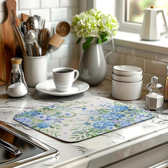 Blue Hydrangea Dish Drying Mat for Kitchen Counter 16 x 18 Inch Spring Floral Hummingbird Butterfly Absorbent Microfiber Dish Mat Reversible Washable Heat Resistant Dry Pad for Coffee Bar