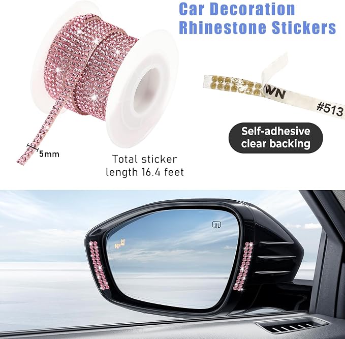 Bling Car Trim Self Adhesive, 16.4 Ft Rhinestone Auto Dashboard Line Molding Sticker Strips, DIY Bling Car Interior Decor Sticker for Women Girls, Vehicle Exterior Accessoreis (Pink)