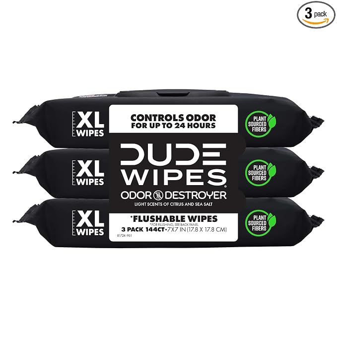 DUDE Wipes Odor Destroyer Flushable Wipes - Extra-Large Adult Wet Wipes - 3 Pack (144 Count) - Deodorizing, Lightly Scented, Controls Odor for up to 24 Hours - Septic and Sewer Safe
