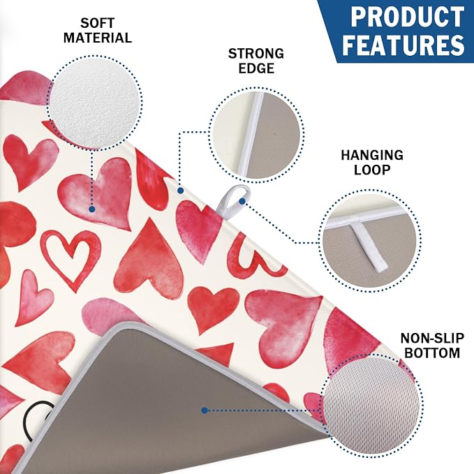 Valentine's Day Red and Pink Heart Dish Drying Mat 18x24 Inch | Polyester，Absorbent Microfiber，for Kitchen Coffee Dining Bar Decor