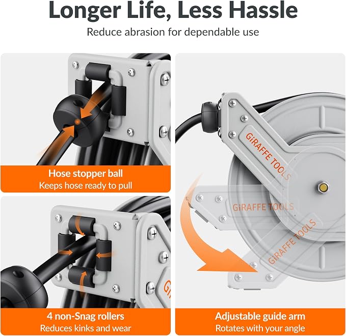 Giraffe Tools Pressure Washer Hose Reel 65ft, 3200 PSI | Power Washer Hose Reel, Automatic Rewind, Wall Mounted