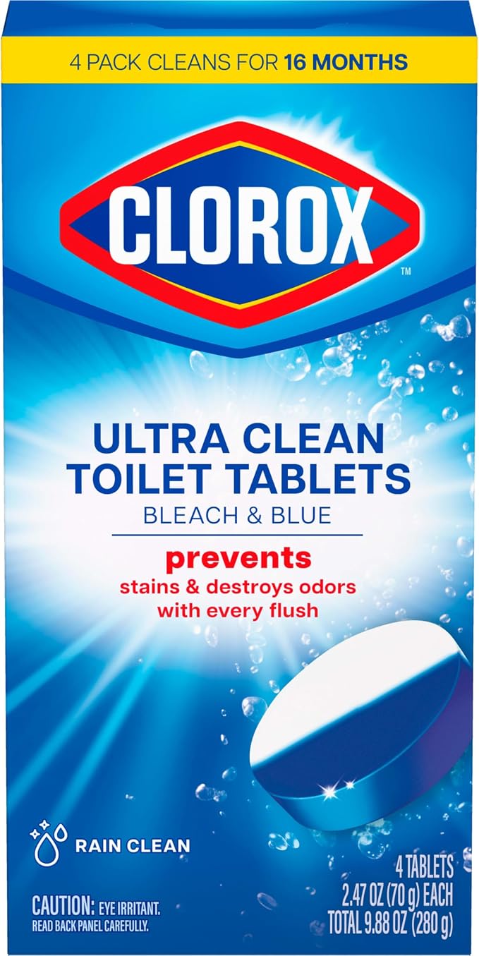 Clorox Ultra Clean Toilet Tablets Bleach & Blue, Rain Clean Scent, 2.47 Ounces Each, 4 Count (Package May Vary)
