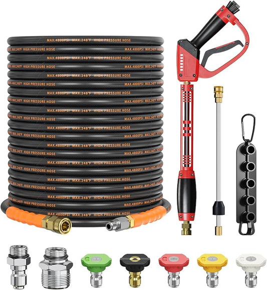 Pressure Washer Gun and Hose Kit, 4800PSI Flexible & Kink-Resistant - Steel Braided & Durable High Power Washer Hose 100 FT with 3/8" Swivel Quick Connector and M22 14mm Adapters & 5 Nozzles