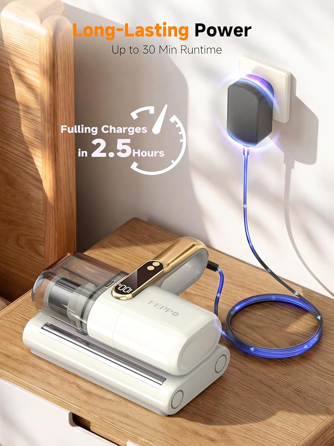 FEPPO Cordless Mattress Vacuum Cleaner, 18Kpa Bed Vacuum with 253.7nm UV-C Light, Ultrasonic, Dust Sensor & LED Display, 52800 BPM Handheld Vacuums for Bed, Sofa, Couch, Crib