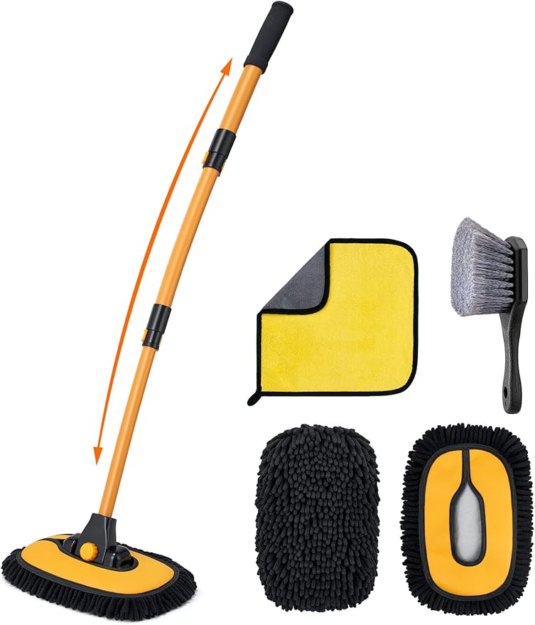 AstroAI 15°Curved Car Wash Brush with 43" Long Handle and 90° Rotating Replaceable Brush Head, Car Wash Kit with Microfiber Towel and Tire Brush for Car, SUV, RV, Floor Cleaning, Yellow