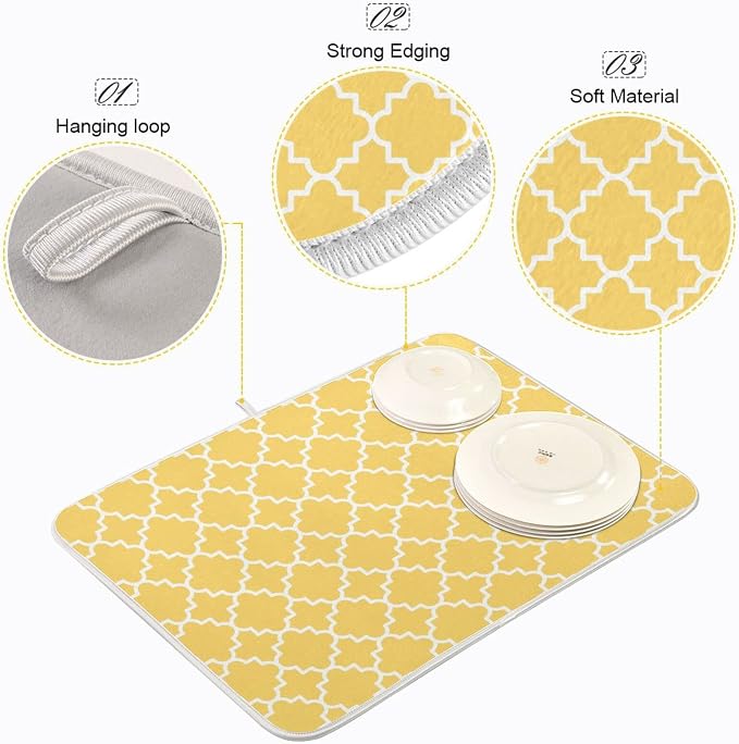 Super Absorbent Dish Drying Mat, Microfiber Fast-Drying Dish Mat, 16" x 18", Kitchen Dish Drying Pad, Quatrefoil Lattice Yellow Pattern