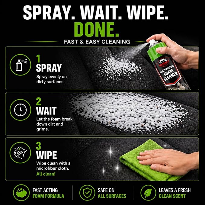 Car Interior Foam Cleaner with Soft Brush Cap – Multi-Purpose Deep Cleaning Foam Spray for Leather, Vinyl, Fabric, Plastic – Safe Non-Drip Formula, Fresh Scent, 22 oz