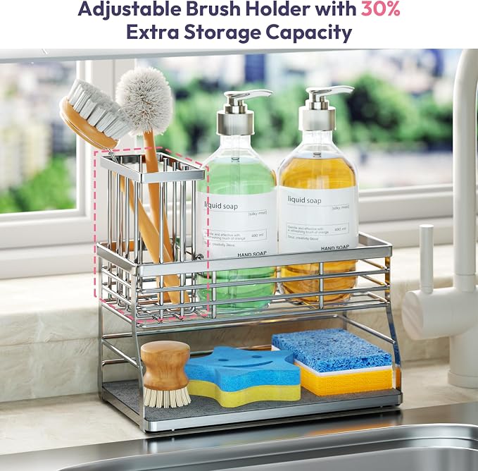 SWTYMIKI Kitchen Sink Caddy Organizer, 2 Tier Sponge Holder for Kitchen Sink with Instant Drying Stone, Removable Brush Holder for Fast Drying on Countertop, Silver
