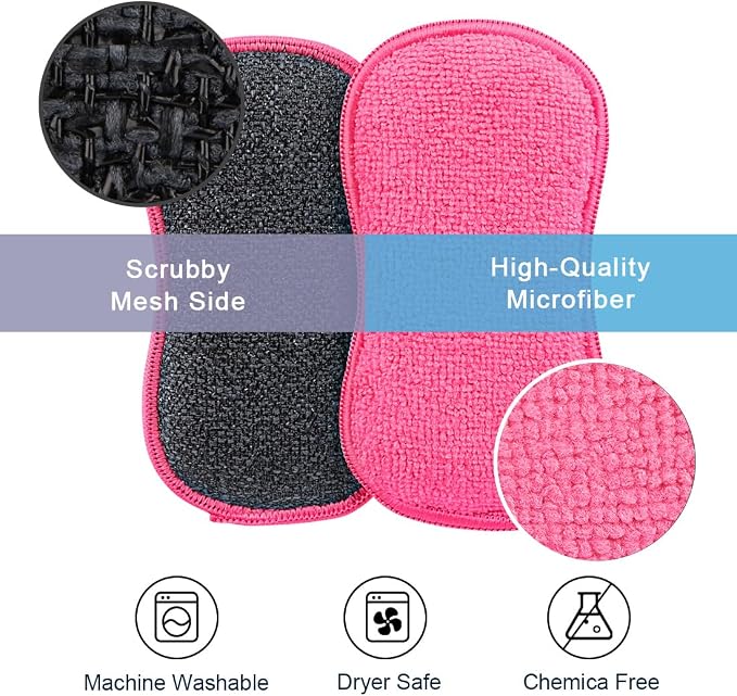 HOMEXCEL 12 Pack Multi-Purpose Scrub Sponges Kitchen Dish Sponge Non-Scratch Microfiber Sponge for Efficiently Cleaning Dishes Pots Pans, Pink