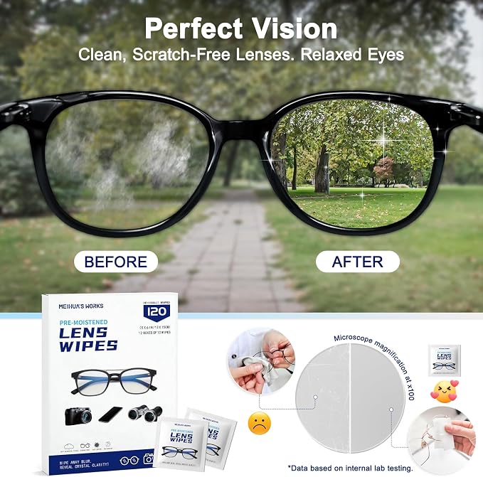 120 Count Lens Wipes for Eyeglasses, Eye Glasses Cleaner Wipes for Screens | Pre-Moistened Individually Wrapped, Streak-Free Scratch-Free, Travel, Eyeglass Cleaning Wipes for Sunglasses, Camera Lens