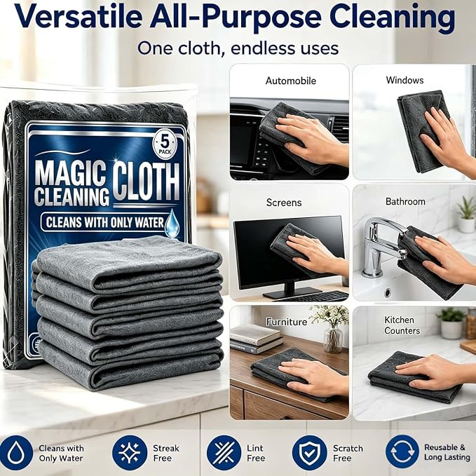 Genie Magic Cleaning Cloth, 15 Pack XXL Microfiber Cleaning Cloths | Lint Free Streak Free Reusable Cleaning Rags for Windows, Mirrors, Stainless Steel, Kitchen, Cars & Screens