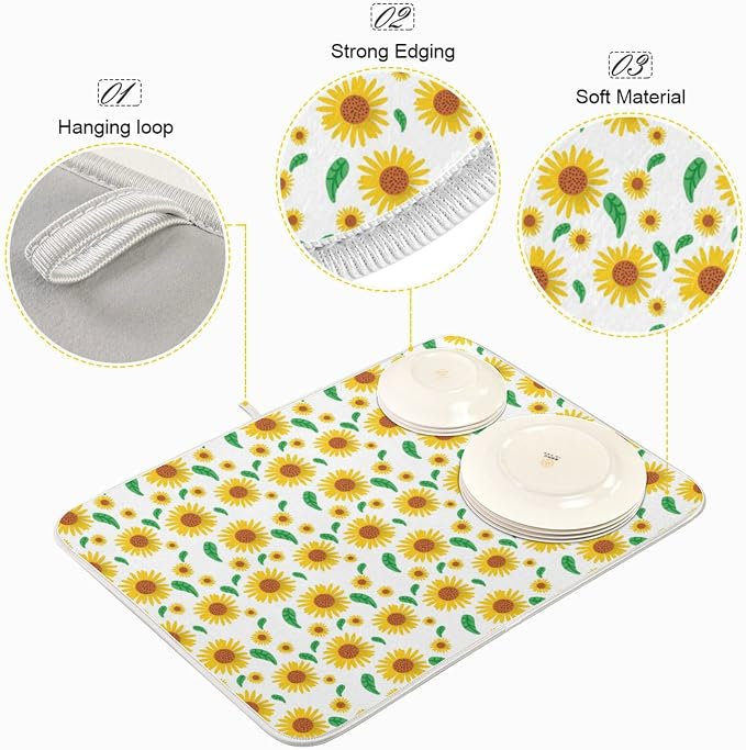 Absorbent Dish Drying Mat for Kitchen Counter - Cute Sunflower Flowers Microfiber Drying Pad, Reversible Drainer Mats for Countertop, Lager 18 x 24 inch