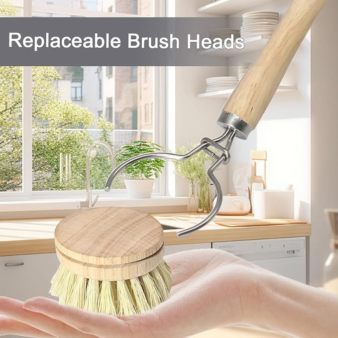 Wooden Dish Brush Set, 4 Natural Bristle Replacement Heads with 1 Sturdy Wooden Handle, Sisal Kitchen Scrub Brush for Pots, Pans, Vegetables and Cookware