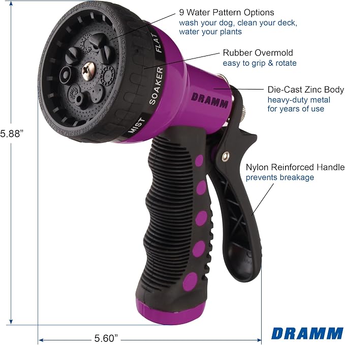 Dramm Revolver Heavy Duty Metal Garden Hose Nozzle – 9 Spray Patterns, High Pressure Jet, Thumb-Control Flow, Ergonomic Grip – Berry