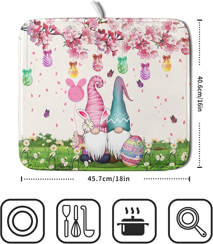 Giwawa Easter Gnome Dish Drying Mat Floral Eggs Bunny Kitchen Drainer Mat 16x18 inch Absorbent Holiday Fast Dry Pad Protector for Counter Tabletop