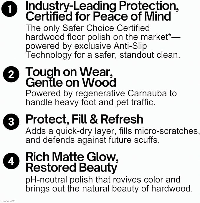 Quick Shine Hardwood Floor Luster 64 oz, Natural Looking Shine | Plant Derived Carnauba Polish, Renew & Protect, Streak & Haze Free, Non-slip, pH Neutral, No PFAS, EPA Safer Choice
