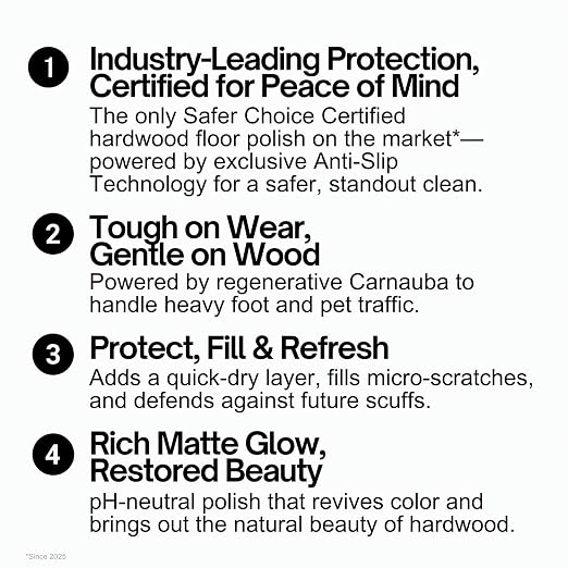 Quick Shine Hardwood Floor Luster 27 oz, Natural Looking Shine | Plant Derived Carnauba Polish, Renew & Protect, Streak & Haze Free, Non-slip, pH Neutral, No PFAS, EPA Safer Choice