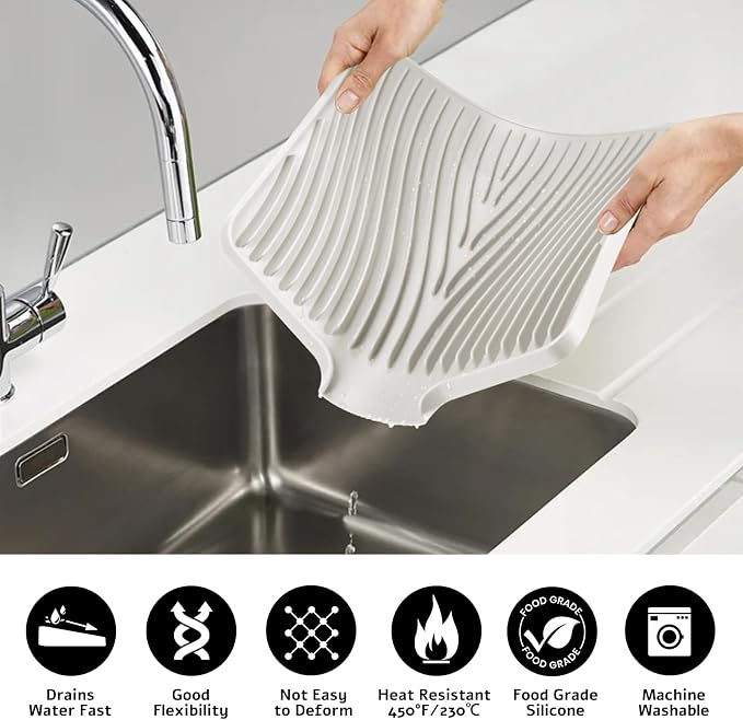 TIKNIK Silicone Dish Drying Mat for Kitchen Counter - Heat Resistant & Non-Slip Dish Drain Pad with Built-In Drain, Dishwasher Safe, Quick-Dry, Hangable & Roll-Up for Storage, Cream-2pcs, 16" x 12"