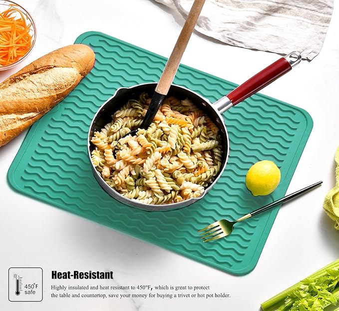 Large 17" x 14" Silicone Dish Drying Mat for Kitchen Counter, Easy clean, Quick Dry, Heat-resistant Dish Drainer Mat for Sink,Refrigerator or Drawer liner (Food Grade Silicone-Green)