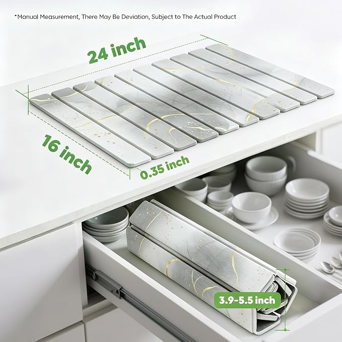 Stone Drying Mat for Kitchen Counter, Quick Diatomaceous Earth Mats for Dishes, 24"L x 16" W Super Absorbent Fast-Drying Collapsible Countertop Stone Mat (Marble White Yellow, 24" x 16")